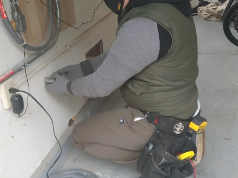 Electrician performing outlet wiring in a Barboursville garage